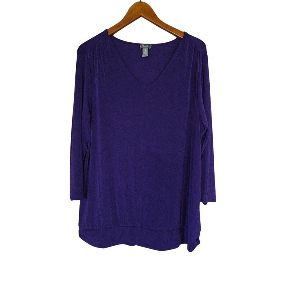 Chico's Blouse Womens Plus 3 Purple V Neck 3/4 Sleeve Solid Jersey Tunic Top